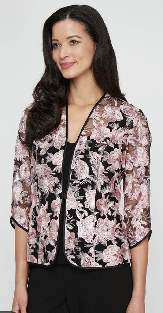 Alex Evenings Pink Embroidered Floral Sheer Jacket 3/4 Sleeves Size Medium NWT